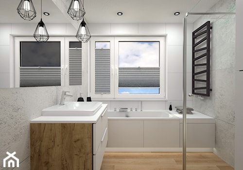 Klimatyczne mieszkanie w bloku z wielkiej płyty - Średnia z lustrem z punktowym oświetleniem łazienka z oknem, styl nowoczesny - zdjęcie od Miliart Studio