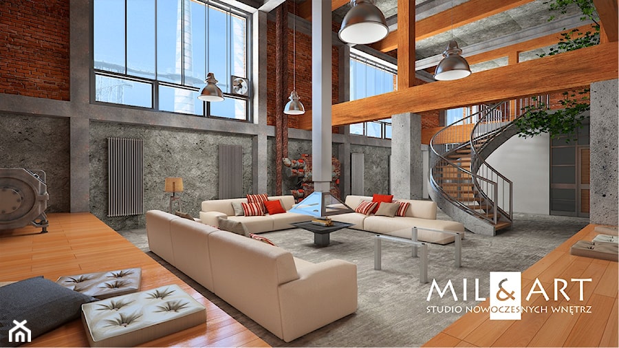 Loft - Duży szary salon, styl industrialny - zdjęcie od Miliart Studio