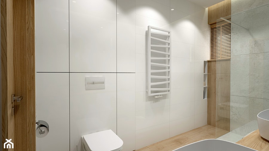 Dom w jasnych barwach - Średnia z dwoma umywalkami z punktowym oświetleniem łazienka z oknem, styl nowoczesny - zdjęcie od Miliart Studio
