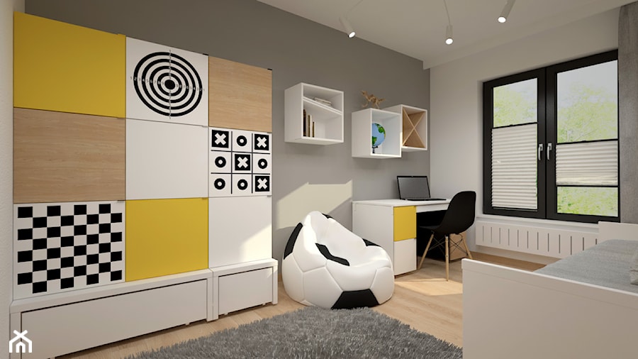 Dom w jasnych barwach - Duży biały czarny pokój dziecka dla nastolatka dla chłopca, styl nowoczesny - zdjęcie od Miliart Studio