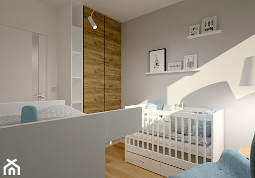 Klimatyczne mieszkanie w bloku z wielkiej płyty - Średni biały szary pokój dziecka dla niemowlaka dla chłopca dla dziewczynki, styl skandynawski - zdjęcie od Miliart Studio