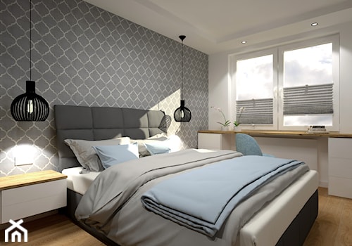 Klimatyczne mieszkanie w bloku z wielkiej płyty - Mała biała szara z biurkiem sypialnia, styl skandynawski - zdjęcie od Miliart Studio