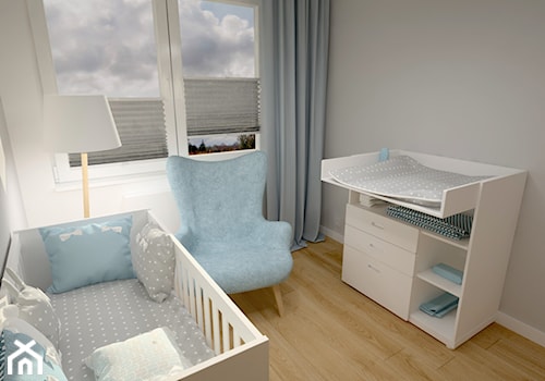 Klimatyczne mieszkanie w bloku z wielkiej płyty - Mały szary pokój dziecka dla niemowlaka dla chłopca, styl skandynawski - zdjęcie od Miliart Studio