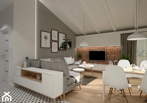 Mieszkanie na poddaszu w stylu skandynawskim - Średni biały szary salon z jadalnią, styl skandynawski - zdjęcie od Miliart Studio