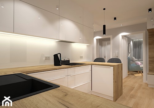 Klimatyczne mieszkanie w bloku z wielkiej płyty - Średnia otwarta biała z zabudowaną lodówką z nablatowym zlewozmywakiem kuchnia w kształcie litery u, styl nowoczesny - zdjęcie od Miliart Studio