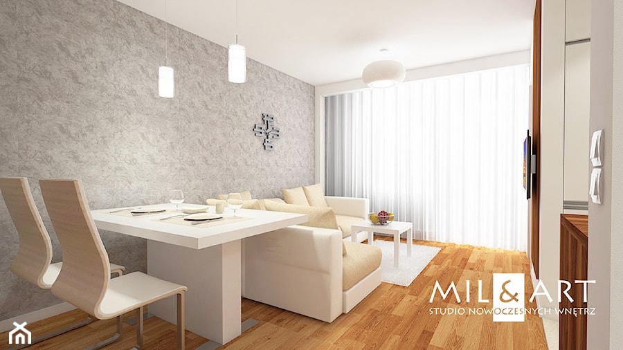 Mieszkanie w Poniatowej - Mały biały salon z jadalnią, styl nowoczesny - zdjęcie od Miliart Studio