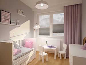 Klimatyczne mieszkanie w bloku z wielkiej płyty - Mały biały szary pokój dziecka dla dziecka dla dziewczynki, styl skandynawski - zdjęcie od Miliart Studio