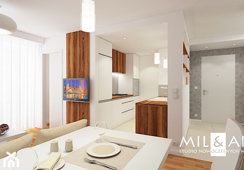 Mieszkanie w Poniatowej - Średnia biała szara jadalnia w salonie, styl nowoczesny - zdjęcie od Miliart Studio