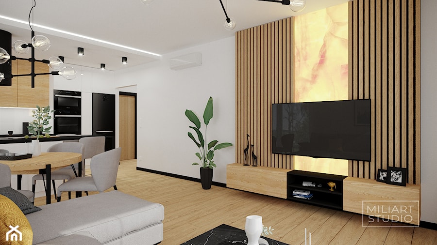 Salon, zabudowa TV z lamelami i podświetlanym trawertynem - zdjęcie od Miliart Studio