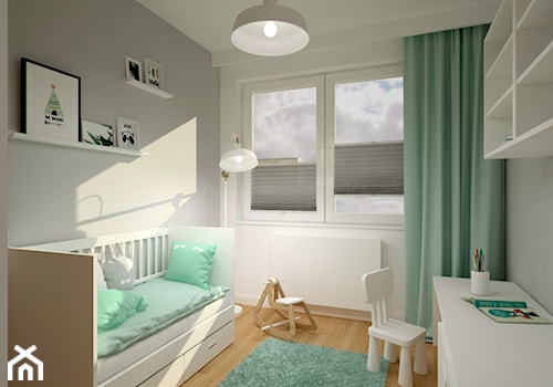 Klimatyczne mieszkanie w bloku z wielkiej płyty - Mały biały szary pokój dziecka dla dziecka dla chłopca dla dziewczynki, styl skandynawski - zdjęcie od Miliart Studio