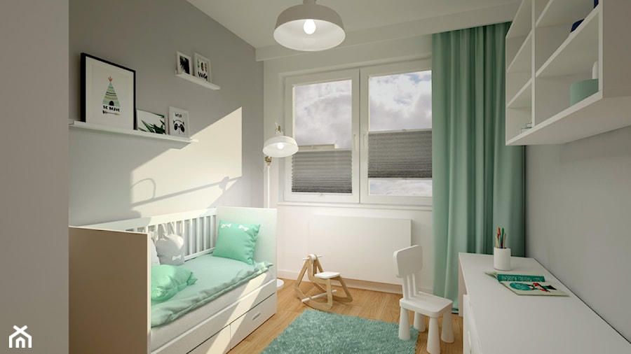 Klimatyczne mieszkanie w bloku z wielkiej płyty - Mały biały szary pokój dziecka dla dziecka dla chłopca dla dziewczynki, styl skandynawski - zdjęcie od Miliart Studio