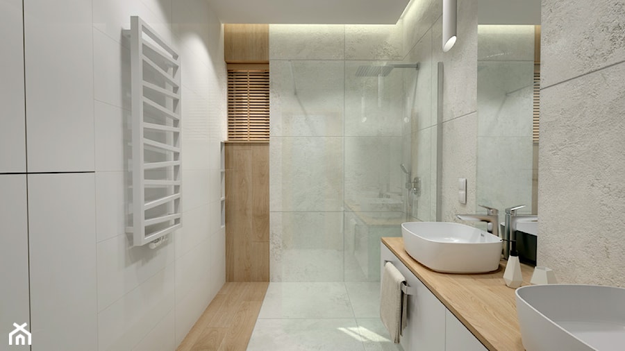 Dom w jasnych barwach - Średnia bez okna z lustrem z dwoma umywalkami łazienka, styl nowoczesny - zdjęcie od Miliart Studio