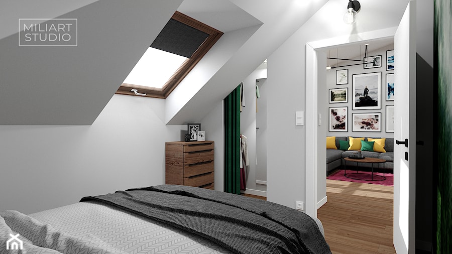 Sypialnia na poddaszu z małą garderobą - zdjęcie od Miliart Studio