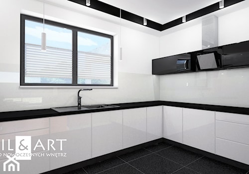 Duża otwarta z salonem biała czarna z zabudowaną lodówką z nablatowym zlewozmywakiem kuchnia w kształcie litery l z kompozytem na ścianie nad blatem kuchennym, styl minimalistyczny - zdjęcie od Miliart Studio