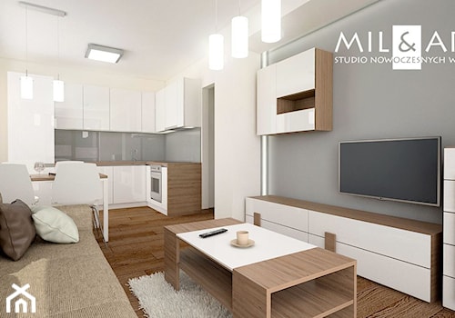 Mieszkanie w centrum Lublina - Mały szary salon z kuchnią z jadalnią, styl minimalistyczny - zdjęcie od Miliart Studio