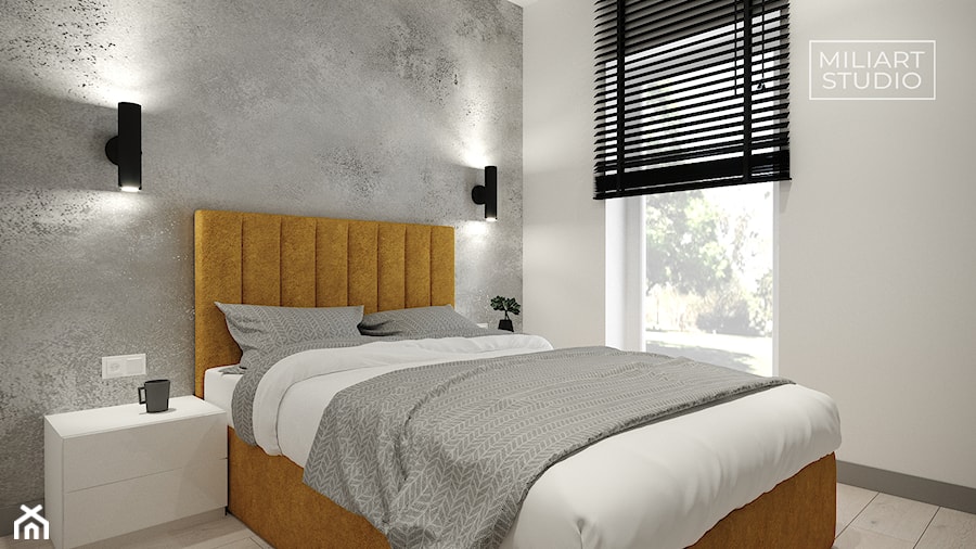 Sypialnia z betonową ścianą i żółtym łóżkiem - zdjęcie od Miliart Studio