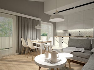 Mieszkanie na poddaszu w stylu skandynawskim - Średni szary salon z kuchnią z jadalnią, styl skandynawski - zdjęcie od Miliart Studio