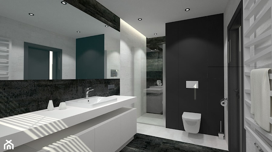 Nowoczesny parterowy dom - Średnia bez okna z lustrem z punktowym oświetleniem łazienka, styl minimalistyczny - zdjęcie od Miliart Studio