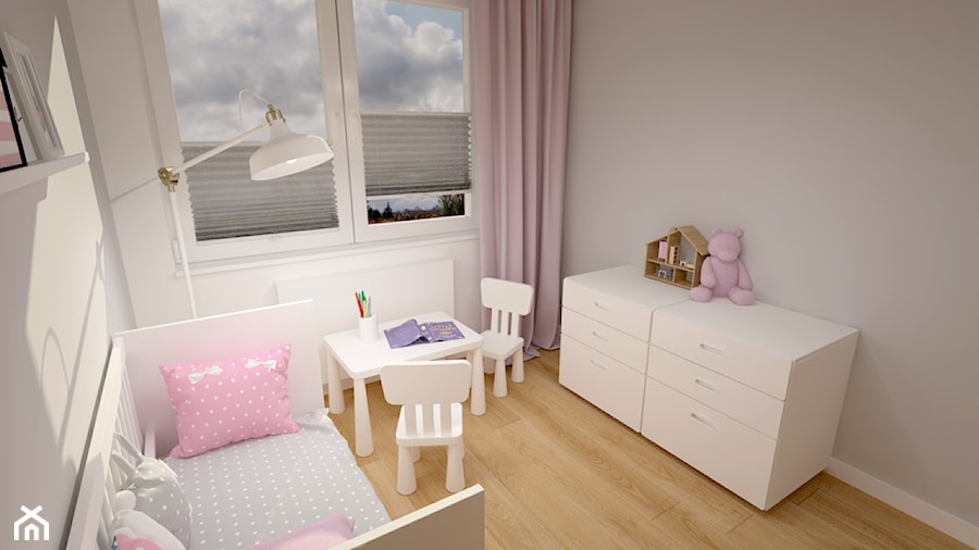 Klimatyczne mieszkanie w bloku z wielkiej płyty - Średni biały szary pokój dziecka dla dziecka dla dziewczynki, styl skandynawski - zdjęcie od Miliart Studio