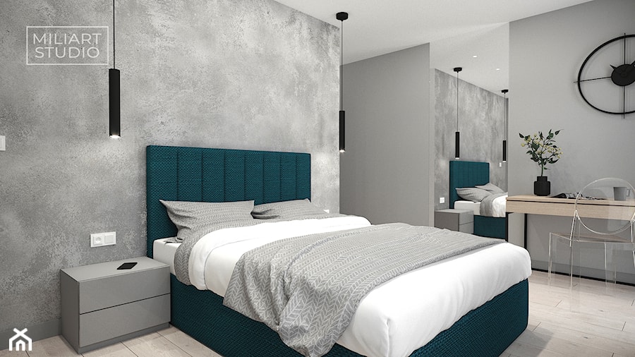 Sypialnia szara z betonową ścianą i turkusowymi dodatkami - zdjęcie od Miliart Studio