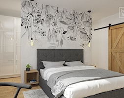 Sypialnia z tapicerowanym łóżkiem i fototapetą - zdjęcie od Miliart Studio - Homebook