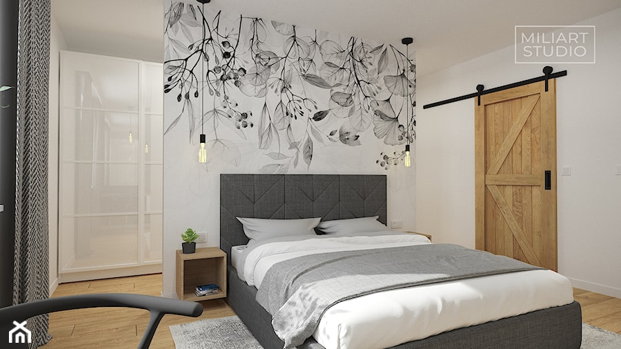 Sypialnia z tapicerowanym łóżkiem i fototapetą - zdjęcie od Miliart Studio