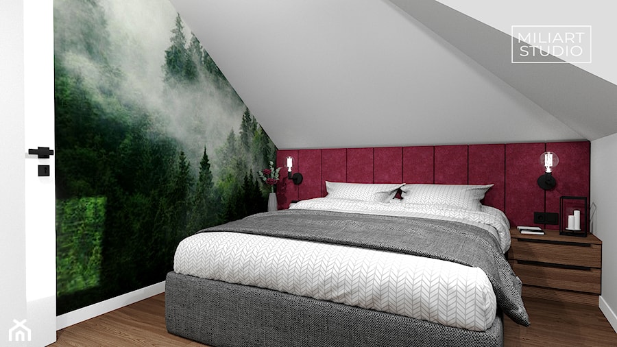 Mała sypialnia na poddaszu z burgundowym zagłówkiem i fototapetą - zdjęcie od Miliart Studio