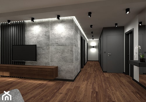 Nowoczesny parterowy dom - Średni biały szary salon, styl minimalistyczny - zdjęcie od Miliart Studio