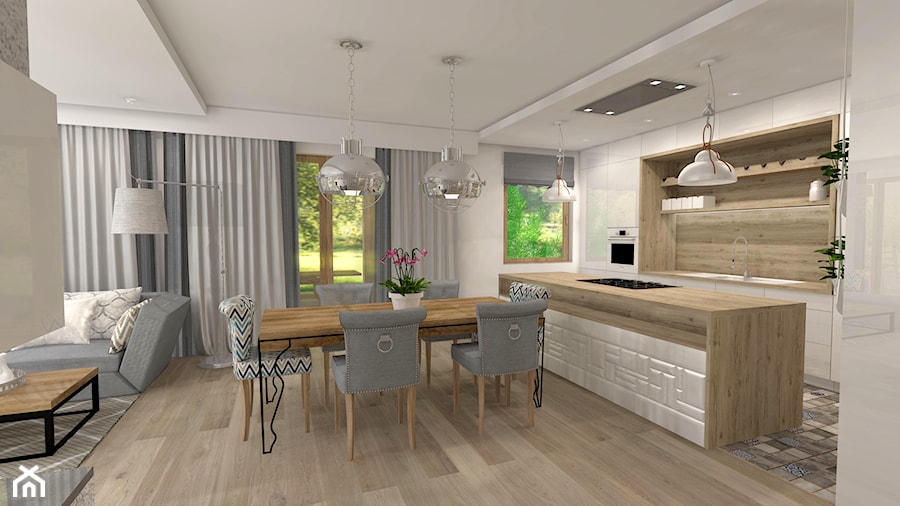 Projekt parteru w domu jednorodzinnym - Średnia biała jadalnia w salonie w kuchni, styl vintage - zdjęcie od Atelier Art&Design