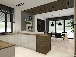 Projekt Domu - Średnia otwarta z salonem szara z zabudowaną lodówką z nablatowym zlewozmywakiem kuchnia w kształcie litery u z oknem, styl nowoczesny - zdjęcie od Atelier Art&Design