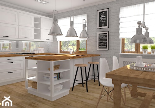 Kuchnia retro - Duża otwarta z salonem biała z zabudowaną lodówką kuchnia w kształcie litery u z wyspą lub półwyspem z oknem, styl vintage - zdjęcie od Atelier Art&Design