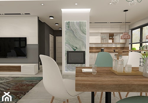 Aranżacja kuchni i salonu w domu jednorodzinnym - Średnia biała jadalnia w salonie, styl nowoczesny - zdjęcie od Atelier Art&Design