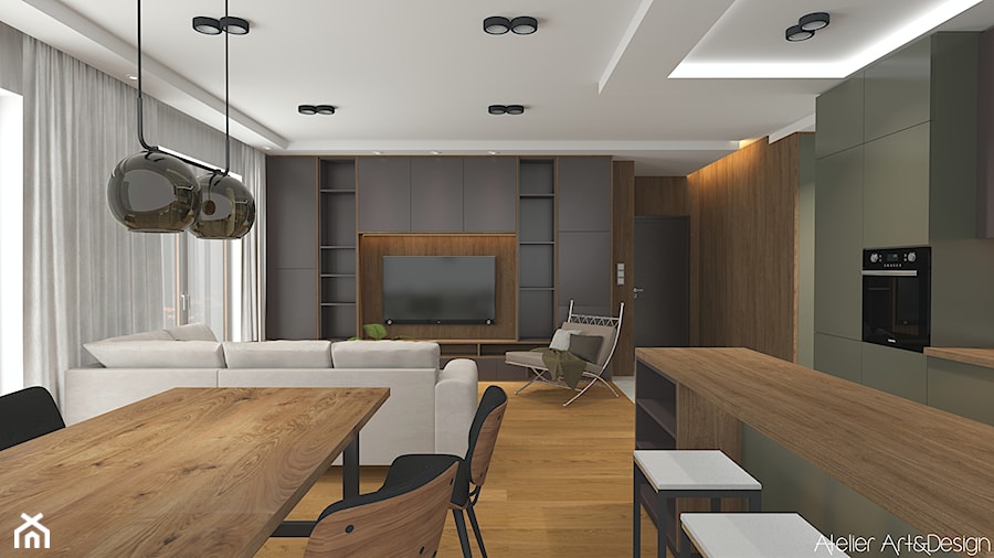 Apartament Wrocław - Średni czarny szary salon z kuchnią z jadalnią, styl nowoczesny - zdjęcie od Atelier Art&Design