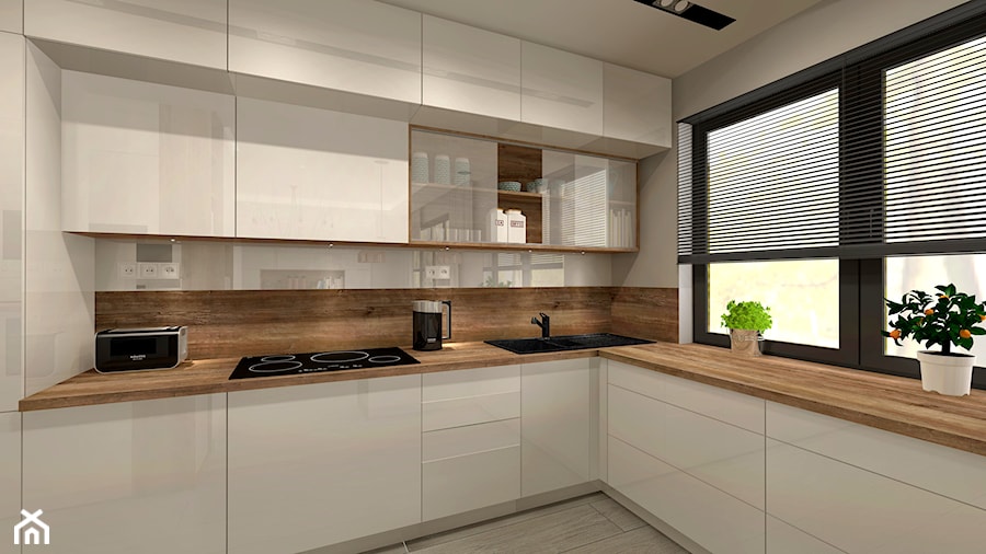 Aranżacja kuchni i salonu w domu jednorodzinnym - Średnia biała z zabudowaną lodówką z nablatowym zl ... - zdjęcie od Atelier Art&Design