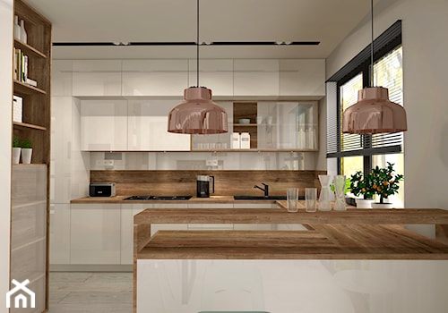 Aranżacja kuchni i salonu w domu jednorodzinnym - Duża otwarta kuchnia w kształcie litery g z kompozytem na ścianie nad blatem kuchennym, styl nowoczesny - zdjęcie od Atelier Art&Design