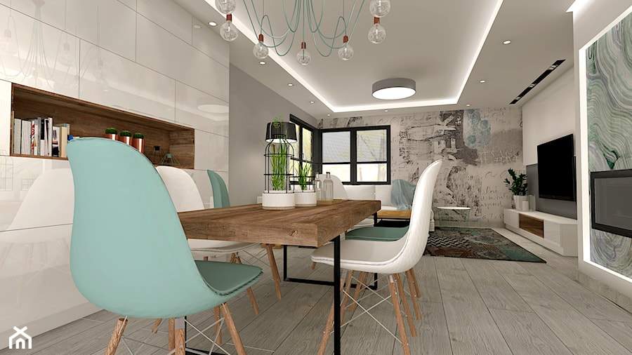 Aranżacja kuchni i salonu w domu jednorodzinnym - Duża biała jadalnia w salonie, styl nowoczesny - zdjęcie od Atelier Art&Design