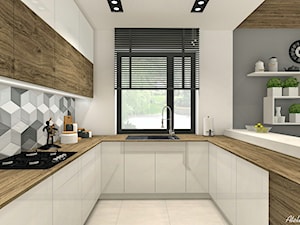 Projekt Domu - Średnia otwarta z salonem biała szara z zabudowaną lodówką z nablatowym zlewozmywakiem kuchnia w kształcie litery u z oknem, styl nowoczesny - zdjęcie od Atelier Art&Design