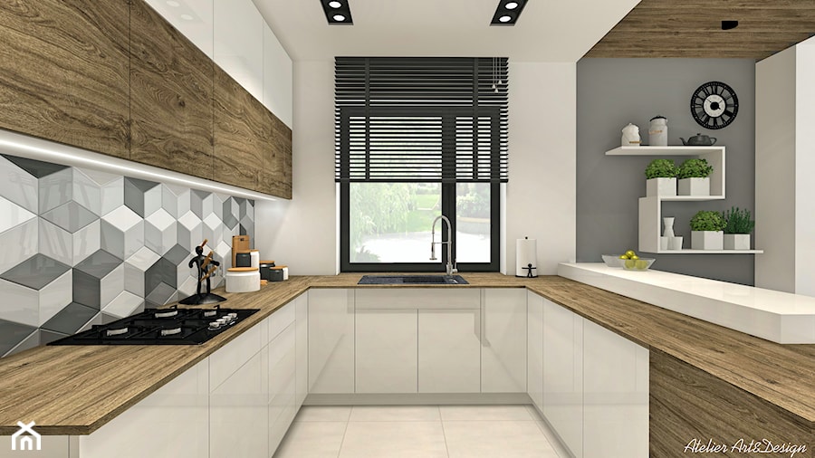 Projekt Domu - Średnia otwarta z salonem biała szara z zabudowaną lodówką z nablatowym zlewozmywakiem kuchnia w kształcie litery u z oknem, styl nowoczesny - zdjęcie od Atelier Art&Design