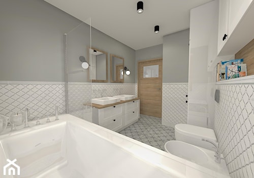 Projekt parteru w domu jednorodzinnym - Średnia z dwoma umywalkami z punktowym oświetleniem łazienka z oknem, styl vintage - zdjęcie od Atelier Art&Design