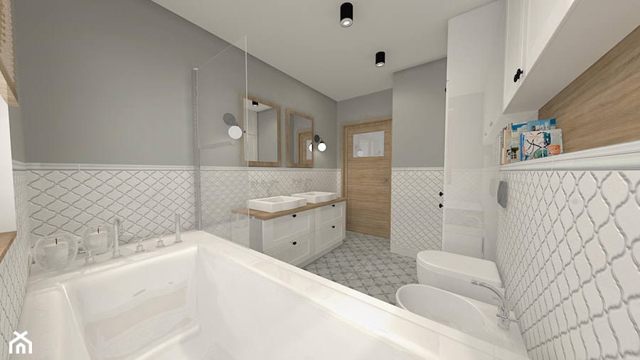 Projekt parteru w domu jednorodzinnym - Średnia z dwoma umywalkami z punktowym oświetleniem łazienka z oknem, styl vintage - zdjęcie od Atelier Art&Design