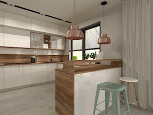 Aranżacja kuchni i salonu w domu jednorodzinnym - Średnia otwarta biała szara z zabudowaną lodówką z ... - zdjęcie od Atelier Art&Design