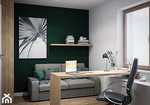 Dom Warszawa Wawer - Średnie w osobnym pomieszczeniu z sofą z zabudowanym biurkiem białe zielone biuro, styl nowoczesny - zdjęcie od DEDEKO