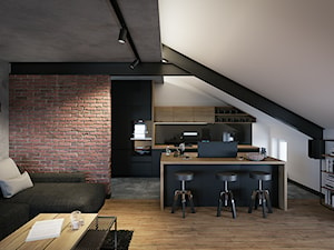 Męskie wnętrze 90m2 - Średni biały czarny salon z kuchnią z jadalnią z bibiloteczką, styl nowoczesny - zdjęcie od DEDEKO
