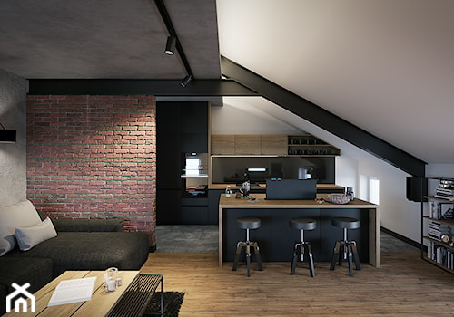 Męskie wnętrze 90m2 - Średni biały czarny salon z kuchnią z jadalnią z bibiloteczką, styl nowoczesny - zdjęcie od DEDEKO