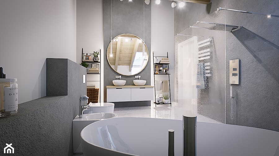 Projekt w Iganiach - Średnia bez okna z lustrem z dwoma umywalkami z marmurową podłogą z punktowym oświetleniem łazienka, styl nowoczesny - zdjęcie od DEDEKO
