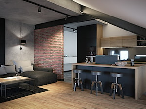 Męskie wnętrze 90m2 - Średni czarny salon z kuchnią, styl nowoczesny - zdjęcie od DEDEKO