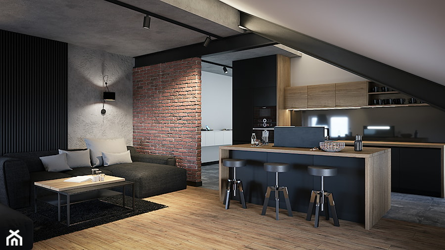 Męskie wnętrze 90m2 - Średni czarny salon z kuchnią, styl nowoczesny - zdjęcie od DEDEKO