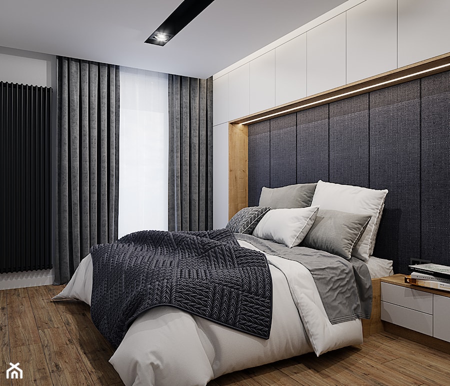 Mieszkanie 53m2 Bemowo - Średnia czarna szara sypialnia, styl nowoczesny - zdjęcie od DEDEKO