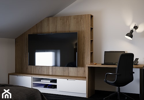 Męskie wnętrze 90m2 - Średnia biała z biurkiem sypialnia na poddaszu, styl nowoczesny - zdjęcie od DEDEKO