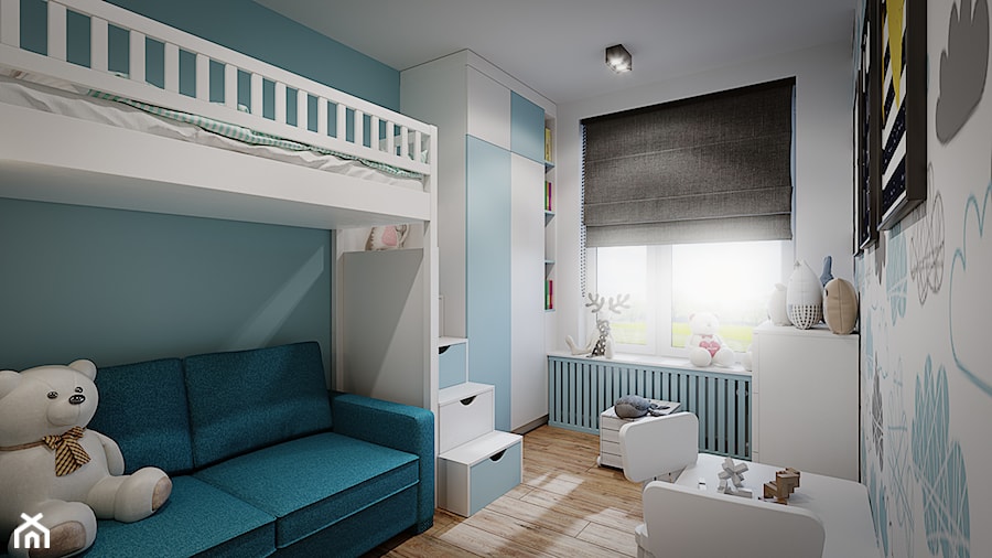 Mieszkanie os. Wilno - Średni biały niebieski pokój dziecka dla dziecka dla nastolatka dla chłopca dla dziewczynki, styl nowoczesny - zdjęcie od DEDEKO